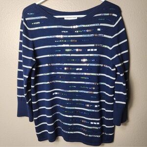 Coldwater Creek Stripe Bead Sequin Embellished Navy/Gray 3/4 Slv Sweater-Size 1X